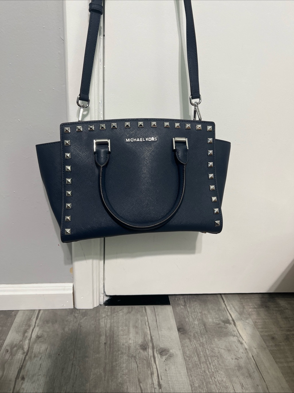 Michael Kors Navy Studded Saffiano Satchel With Silver Hardware